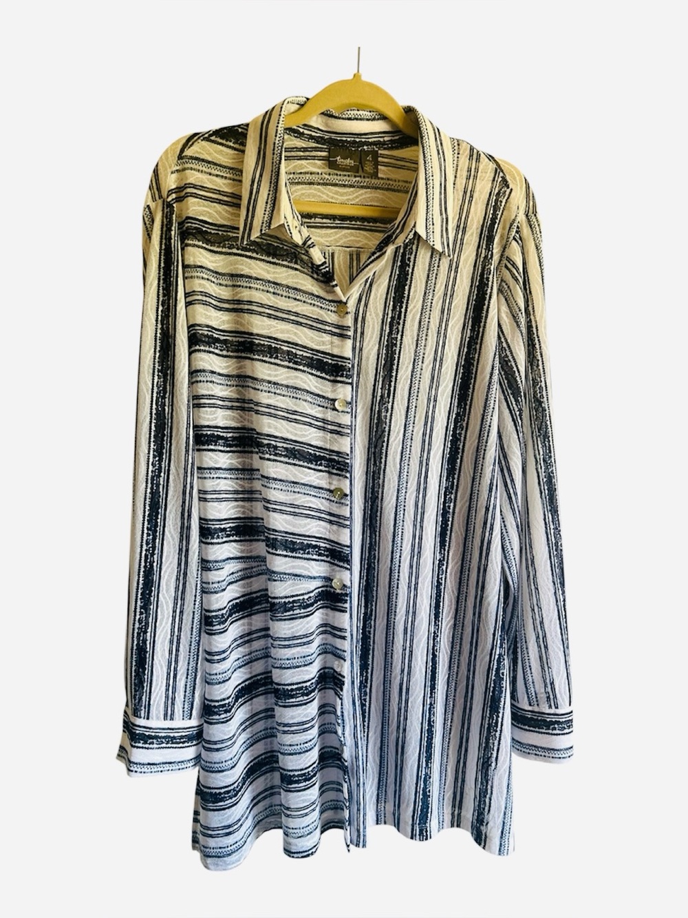 𝅺Chico's Traveler Lightweight Gauzy Stretch Tunic Button Up Top Blue White XXL